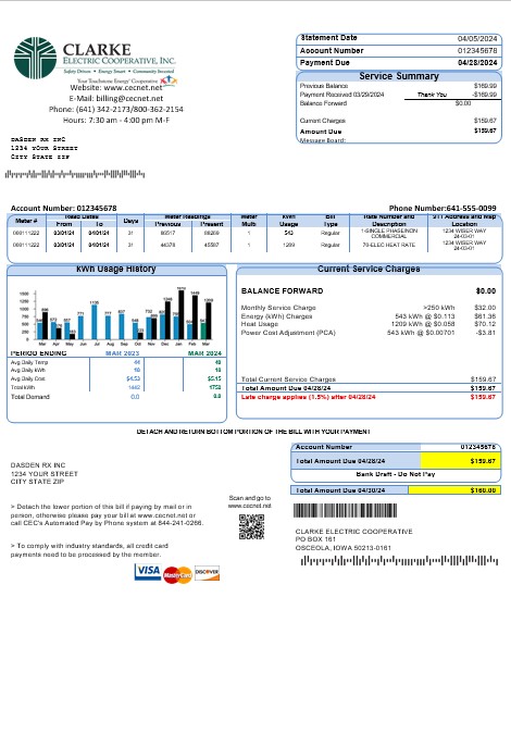 USA Iowa Clarke Electric Cooperative, Inc business utility bill template in Word and PDF formats